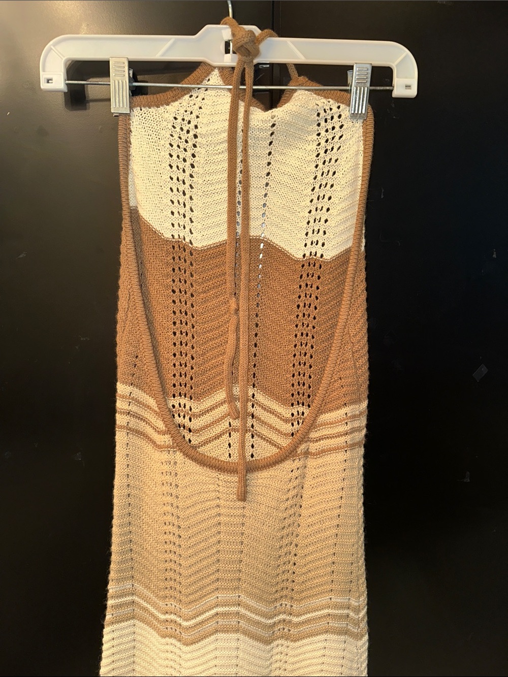Embroidery Maxi Dress Tan and Cream Knit Halter Beautiful for the Beach ποΈ XS - Picture 6 of 7